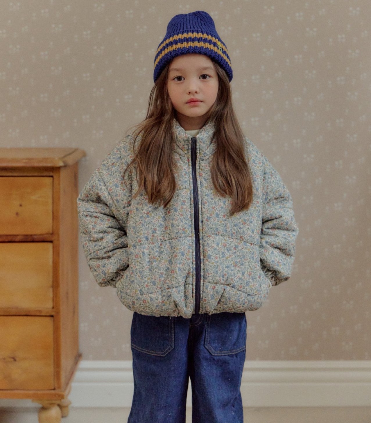 Floral rib shearling lined puffer coat