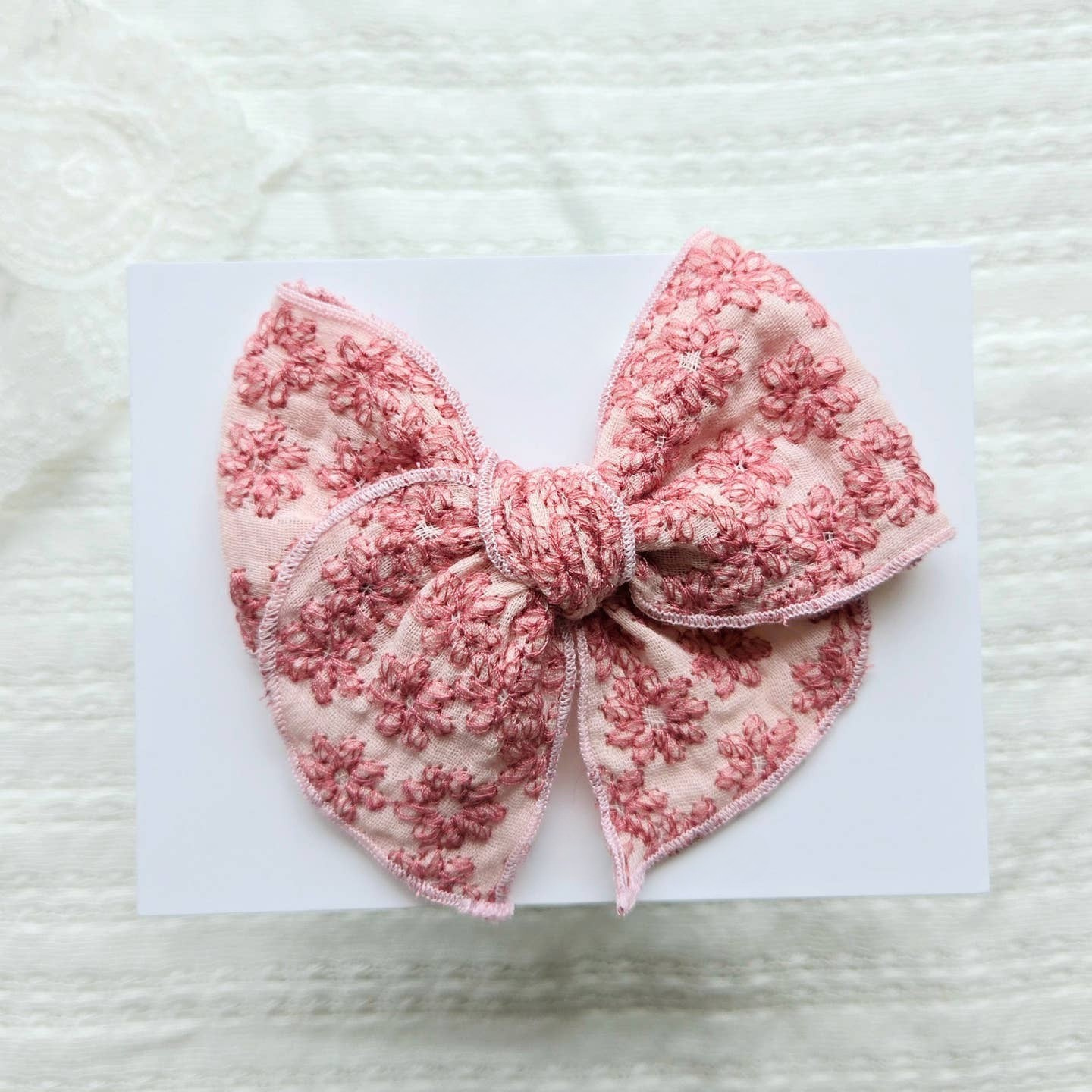 Pink Embroidered Floral Bow